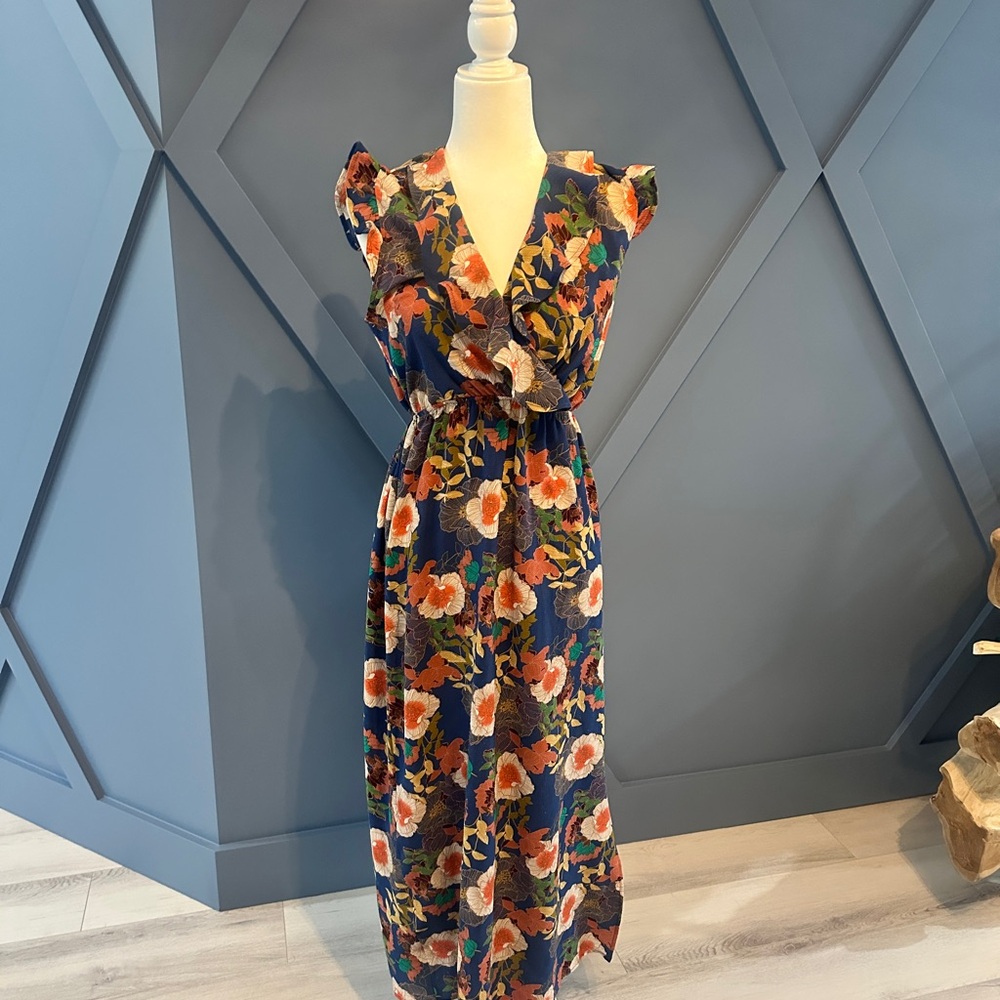Navy Floral Midi Dress- flutter sleeves